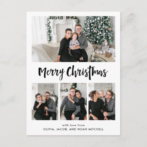 Merry Christmas  Black and White Multi Photo Grid Holiday Postcard