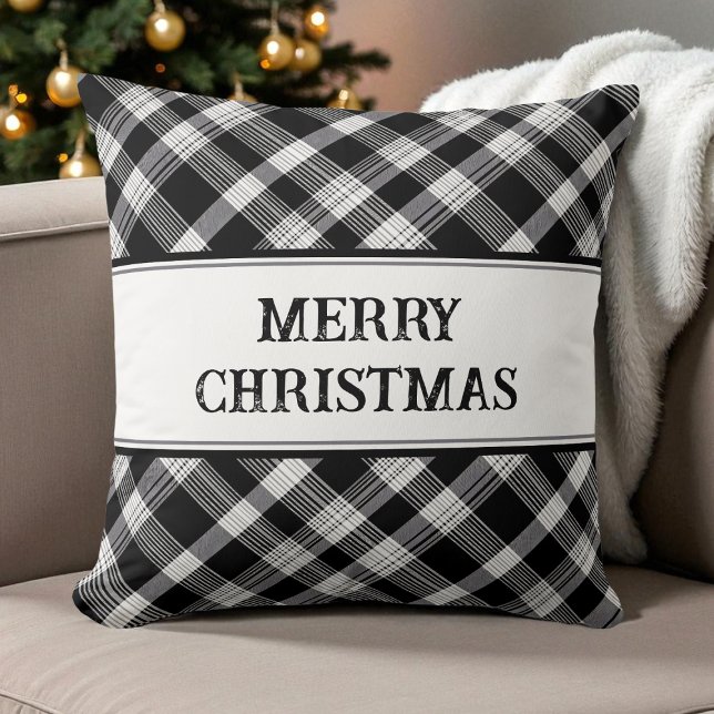 Merry Christmas Black and White Plaid Modern Xmas Throw Pillow (Merry Christmas Black and White Plaid Modern Xmas Throw Pillow)