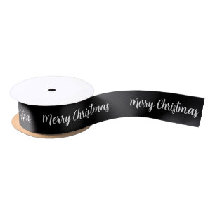 Merry Christmas Black and White Script Satin Ribbon