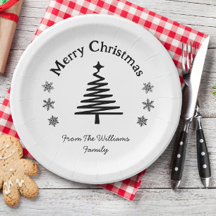 merry christmas black and white simple modern chic paper plates