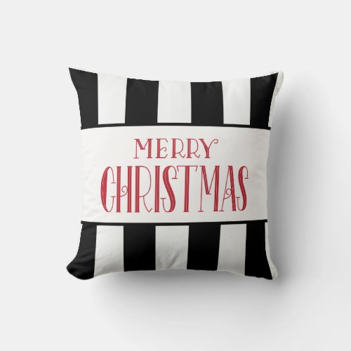 Merry Christmas Black and White Striped Pillow