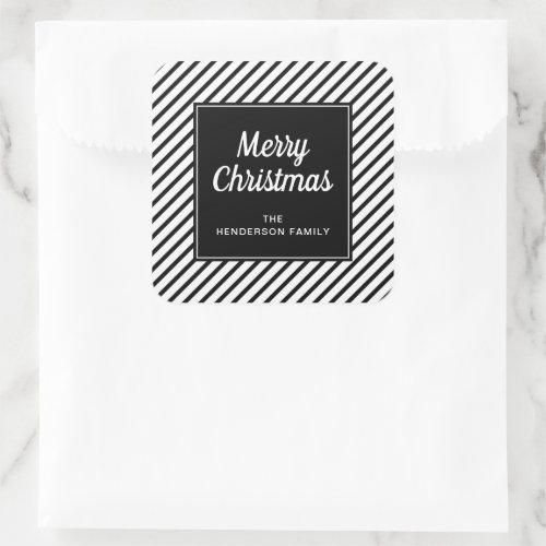 Merry Christmas Black And White Stripes Square Sticker