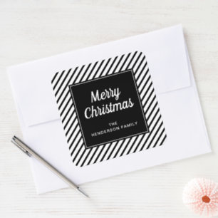 Merry Christmas Black And White Stripes Square Sticker