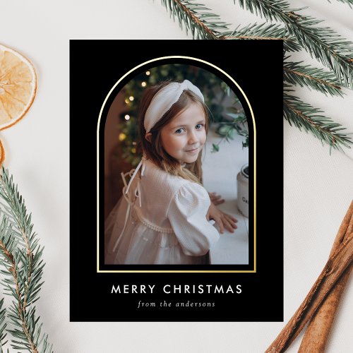 Merry Christmas Black Arch Photo Foil Holiday Postcard