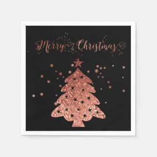 Merry Christmas Black Background Pink Faux foil Paper Napkins