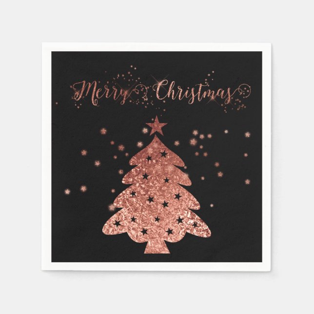 Merry Christmas Black Background Pink Faux foil Paper Napkins (Front)
