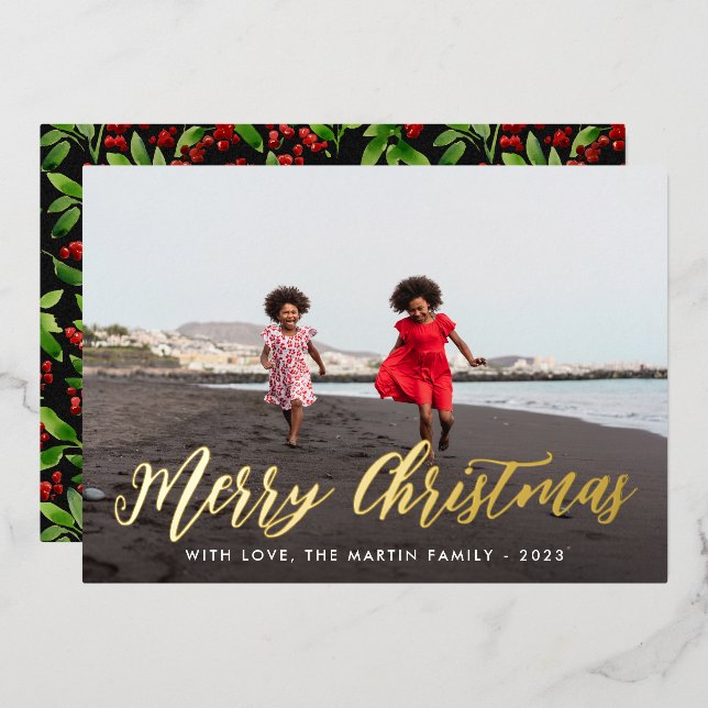Merry Christmas Black Botanical One Photo Holiday  Foil Invitation (Front/Back)