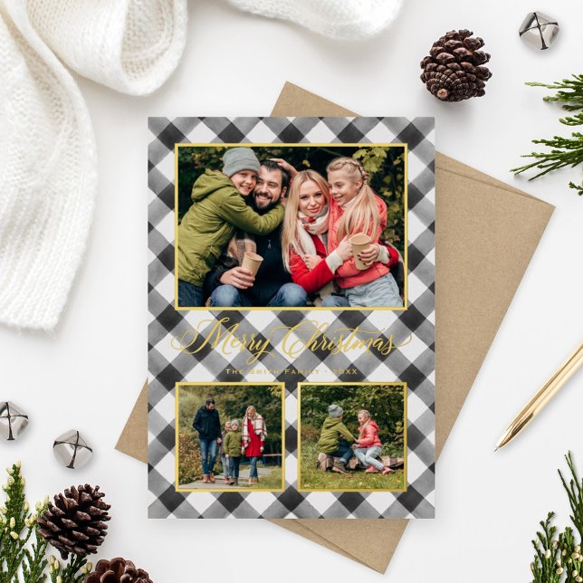 Merry Christmas Black Buffalo Plaid Photo Collage Foil Holiday Card (Creator Uploaded)