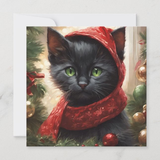 Merry Christmas Black Cat  Holiday Card (Front)