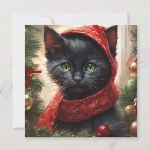 Merry Christmas Black Cat  Holiday Card
