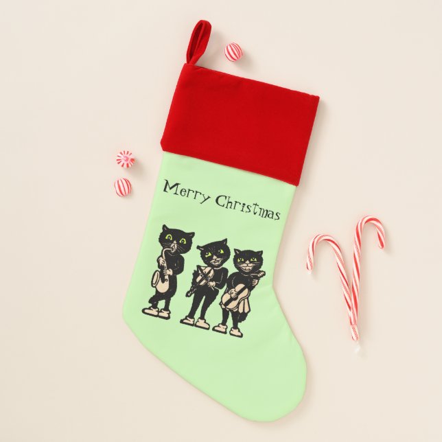 Merry Christmas Black Cat Musicians Instruments Christmas Stocking (Front)