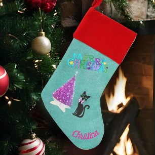 Merry Christmas Black Cat Pink Silver Tree Teal Stocking