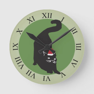 Merry Christmas Black Cat Round Clock