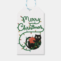 Merry Christmas Black Cat with Ornament and Lights