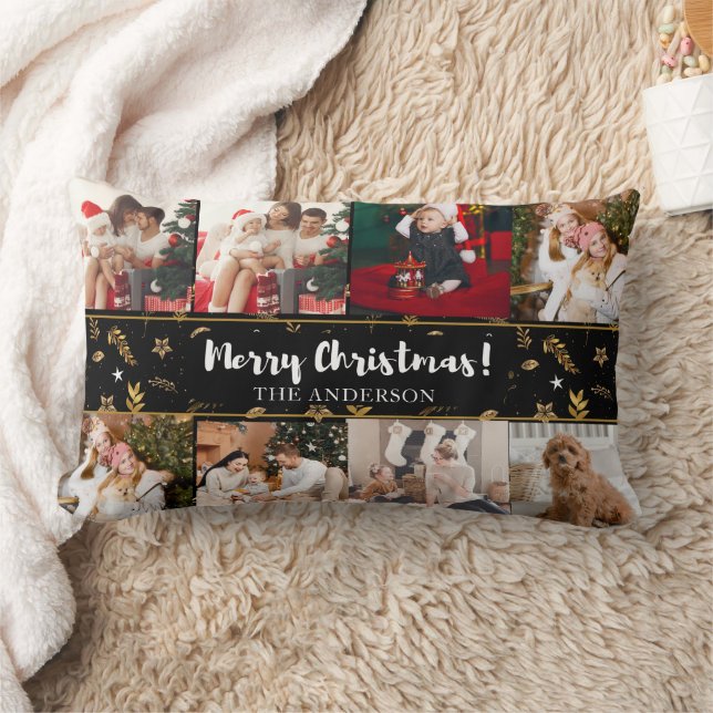 Merry Christmas Black Elegant Modern Photos Lumbar Pillow (Blanket)