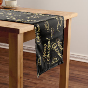 Merry Christmas Black Faux Gold Foil Typography Long Table Runner