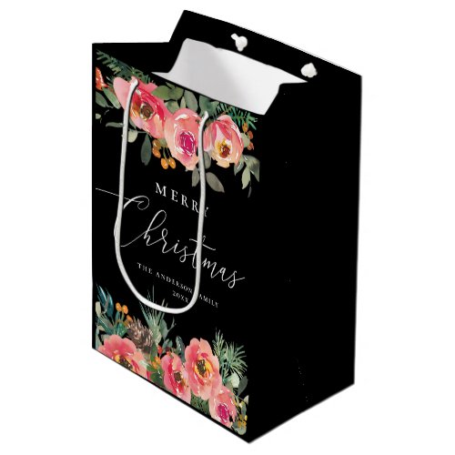 Merry Christmas Black floral pine branch Holiday Medium Gift Bag