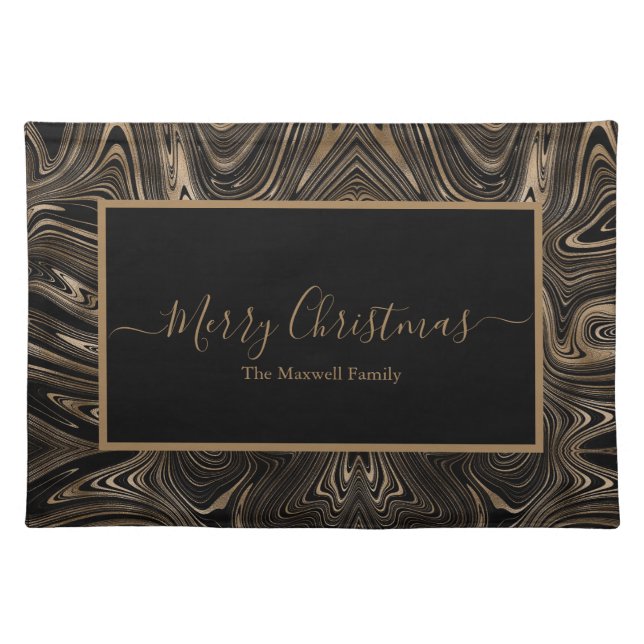 Merry Christmas black gold abstract family name Cloth Placemat (Front)
