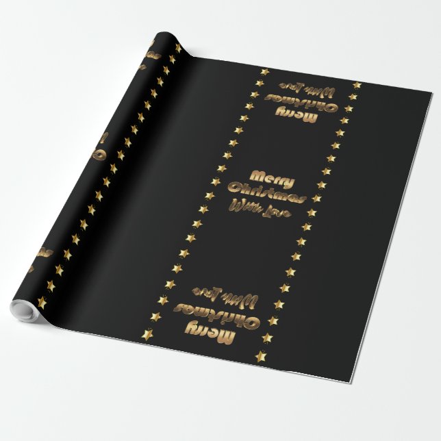 Merry Christmas Black Gold Brown Elegant Stars Wrapping Paper (Unrolled)