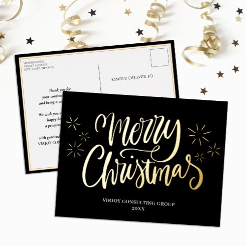 Merry Christmas Black Gold Calligraphy Business Foil Holiday Postcard