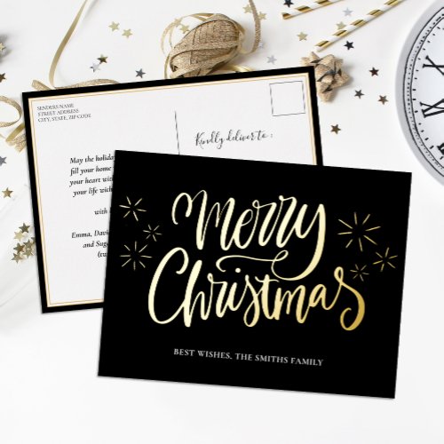 Merry Christmas Black Gold Calligraphy Non Photo Foil Holiday Postcard