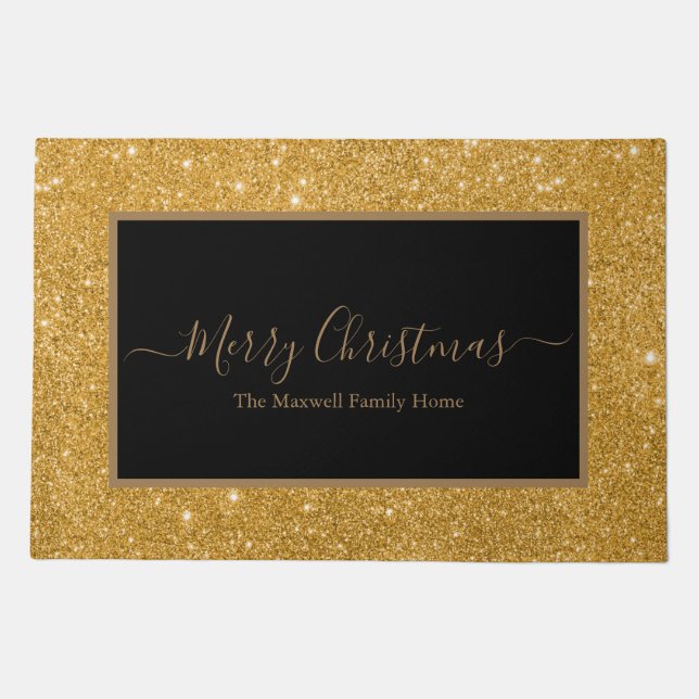 Merry Christmas black gold glitter family name Doormat (Front)