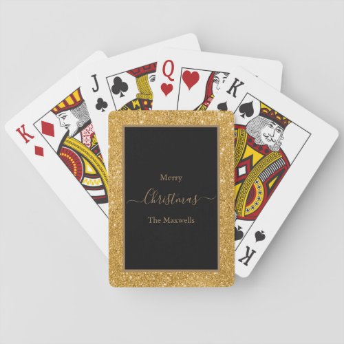 Merry Christmas black gold glitter family name Playing Cards