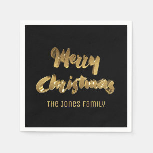 Merry Christmas Black Gold Handwriting Typography Napkins