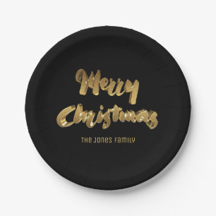 Merry Christmas Black Gold Handwriting Typography Paper Plates