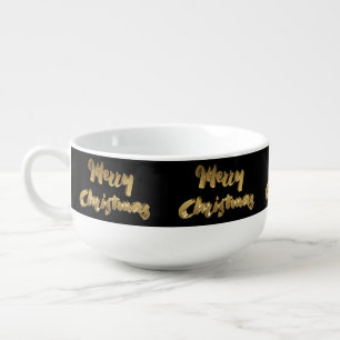 Merry Christmas Black Gold Handwriting Typography Soup Mug
