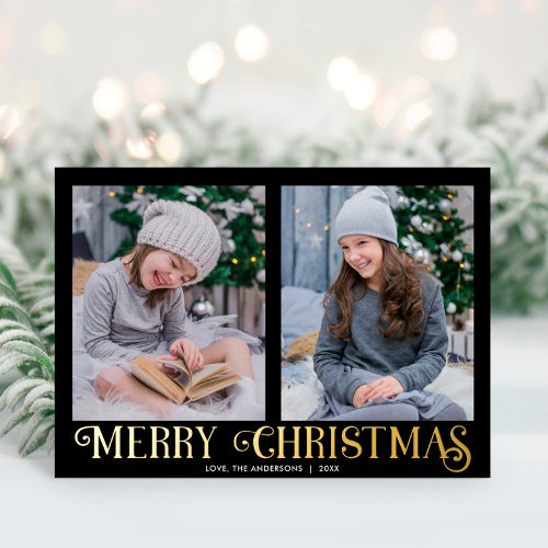 Merry Christmas black gold modern two photos Foil Holiday Card