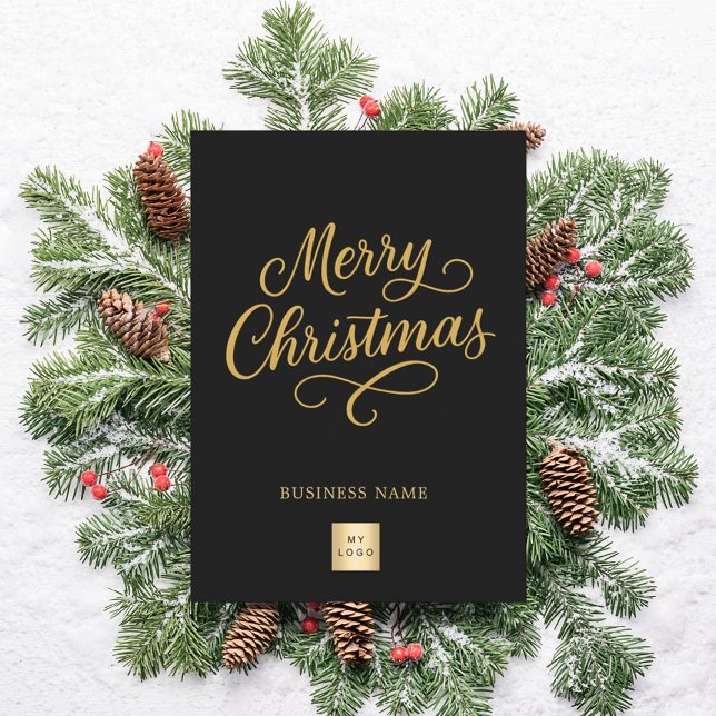 Merry Christmas black gold script business logo Holiday Card (Creator Uploaded)