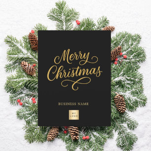 Merry Christmas black gold script business logo Holiday Postcard