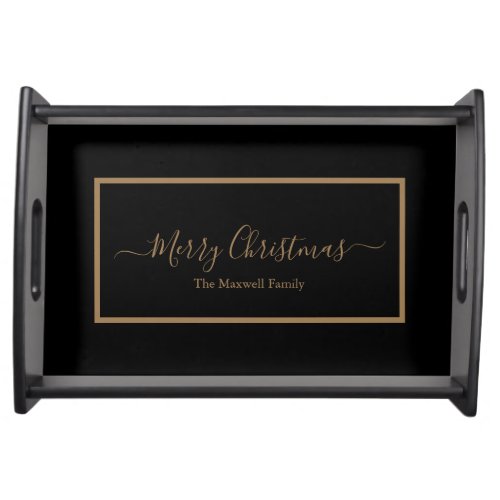 Merry Christmas black gold script family name  Serving Tray