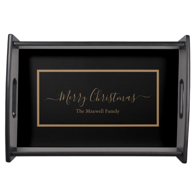 Merry Christmas black gold script family name  Serving Tray (Front)