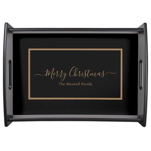 Merry Christmas black gold script family name Serving Tray