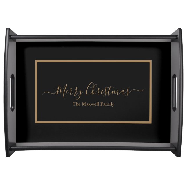 Merry Christmas black gold script family name Serving Tray (Front)