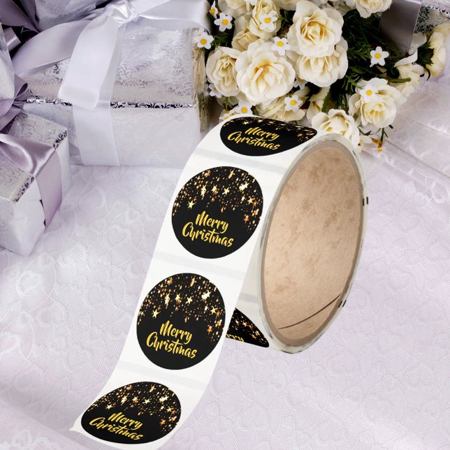 Merry Christmas black gold stars Classic Round Sticker (Creator Uploaded)