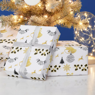Merry Christmas Black, Gold with Reindeer, Bell WH Wrapping Paper
