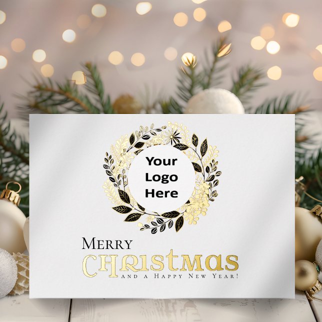 Merry Christmas Black Gold Wreath Business Foil Holiday Card (Modern Black and Gold Foil Wreath Christmas Business Holiday Cards for Clients and Employees)
