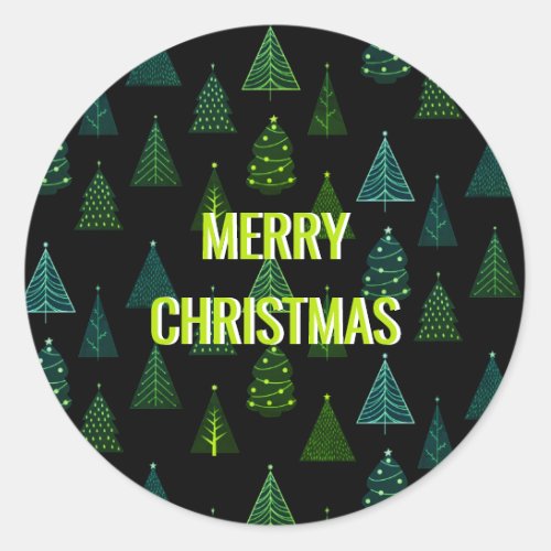 Merry Christmas Black  Green Christmas Trees Classic Round Sticker