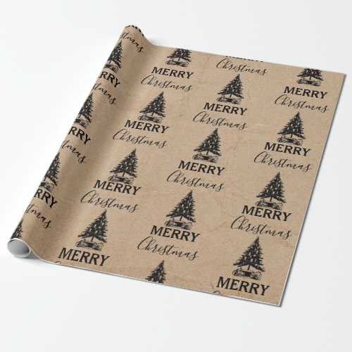 Merry Christmas Black Kraft Vintage Xmas Tree Wrapping Paper