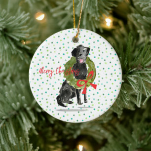 Merry Christmas Black Lab Dog Wreath Holly Family Ceramic Ornament