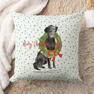 Merry Christmas Black Lab Dog Wreath Holly Family Throw Pillow