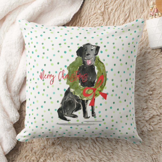 Merry Christmas Black Lab Dog Wreath Holly Family  Throw Pillow (Blanket)