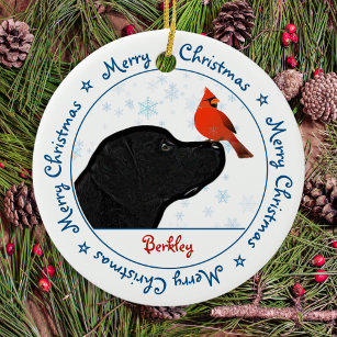Merry Christmas Black Labrador Cardinal Cute Dog Ceramic Ornament