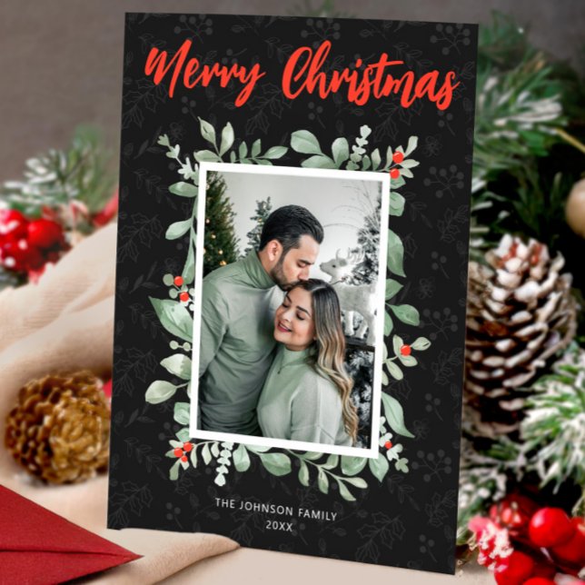 Merry Christmas Black Photo Elegant Greeting Holiday Card (Merry Christmas Black Photo Elegant Greeting Holiday Card, Family Christmas, Watercolor Nativity)