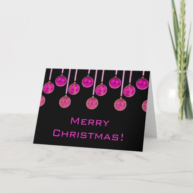 Merry Christmas Black Pink Gold Baubles Card (Front)