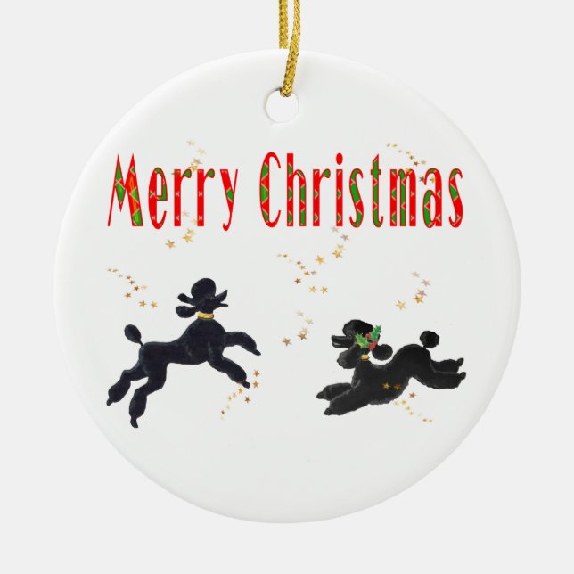 Merry Christmas Black Poodles n Stars Ornament (Front)