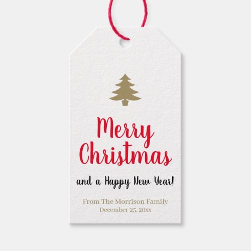 Merry Christmas black red gold script cute tree Gift Tags